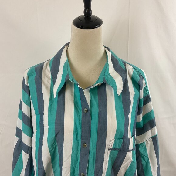 By Anthropologie Oversized Top L Dark Mint Blue White Stripe Button Front Pocket - Picture 2 of 11